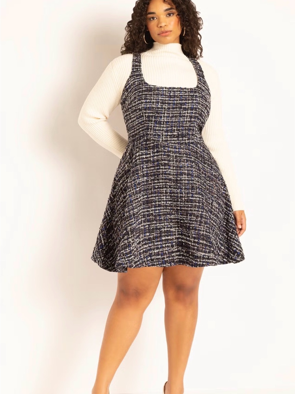 Plaid Tweed A-Line Pinafore Dress - Navy/Black
